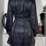 Plaid Winter Long Sleeve Turtleneck A-Line Cosplay Academy Pleated Corset Dark Blue E Girl Partywear Dress