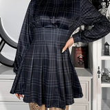 Plaid Winter Long Sleeve Turtleneck A-Line Cosplay Academy Pleated Corset Dark Blue E Girl Partywear Dress