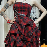 Red Plaid One Shoulder Irregular Strapless Backless Sexy Vintage Lolita Academy Dress