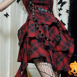 Red Plaid One Shoulder Irregular Strapless Backless Sexy Vintage Lolita Academy Dress