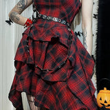 Red Plaid One Shoulder Irregular Strapless Backless Sexy Vintage Lolita Academy Dress