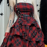 Red Plaid One Shoulder Irregular Strapless Backless Sexy Vintage Lolita Academy Dress