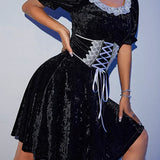 Sexy Black Harajuku Party Corset A-Line Velvet Summer Fashion Emo Chic Elegant High Waist Dress