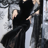 Sexy Spaghetti Strap Backless Velvet Gothic Cross Black Lace Patchwork Maxi Dress