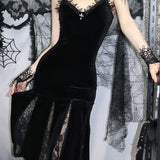 Sexy Spaghetti Strap Backless Velvet Gothic Cross Black Lace Patchwork Maxi Dress