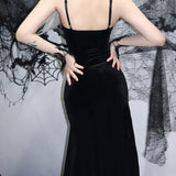 Sexy Spaghetti Strap Backless Velvet Gothic Cross Black Lace Patchwork Maxi Dress