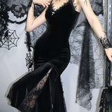 Sexy Spaghetti Strap Backless Velvet Gothic Cross Black Lace Patchwork Maxi Dress