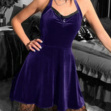 Velvet Gothic Green Sexy Halter Y2K Backless Lace Patchwork High Waist Mini Dress