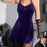 Velvet Gothic Green Sexy Halter Y2K Backless Lace Patchwork High Waist Mini Dress