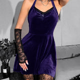 Velvet Gothic Green Sexy Halter Y2K Backless Lace Patchwork High Waist Mini Dress