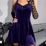 Velvet Gothic Green Sexy Halter Y2K Backless Lace Patchwork High Waist Mini Dress