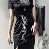 Women's Embroidery Dragon Qipao Cheongsam Retro Side Slit Stand Collar Evening Dress