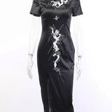 Women's Embroidery Dragon Qipao Cheongsam Retro Side Slit Stand Collar Evening Dress