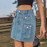 2025 Denim Skirt Street Tooling Style Flap Ribbon Details Workwear High Street Skirt