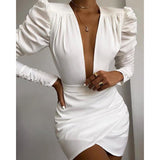 Irregular Solid White Long Sleeve Women Dress V Neck Puff Sleeve Party Dress Elegant Ladies Formal Workwear Vestidos Mujer