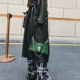 Punk Gothic Y2k High Street Cross Chains Crocodile Pattern Green Underarm Bag