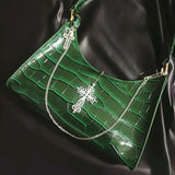 Punk Gothic Y2k High Street Cross Chains Crocodile Pattern Green Underarm Bag