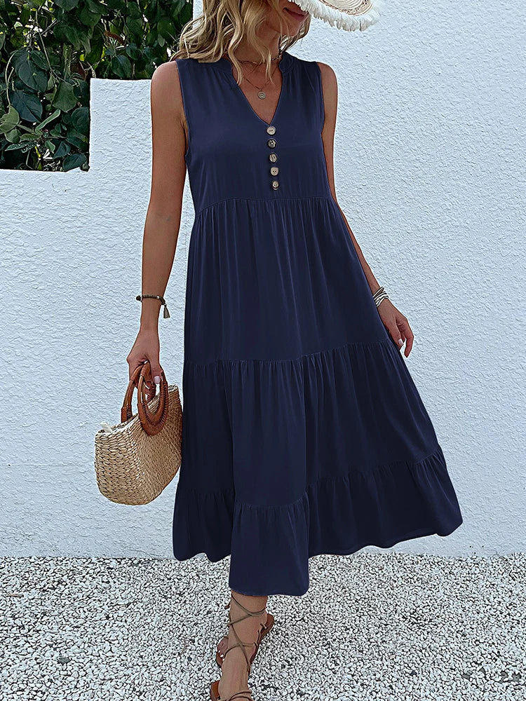 JIM & NORA Summer Women Sleeveless Tank V Neck Buttons Ruffle Loose Beach Solid Sun Fashion Midi Dress