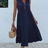 JIM & NORA Summer Women Sleeveless Tank V Neck Buttons Ruffle Loose Beach Solid Sun Fashion Midi Dress