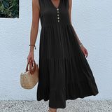 JIM & NORA Summer Women Sleeveless Tank V Neck Buttons Ruffle Loose Beach Solid Sun Fashion Midi Dress