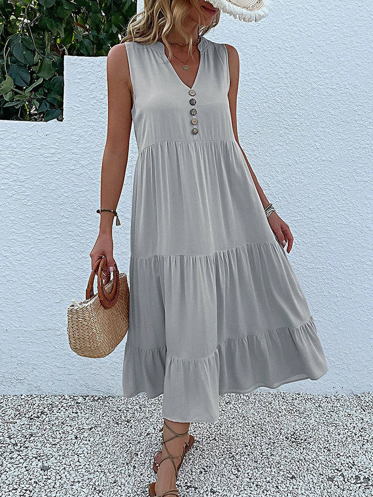 JIM & NORA Summer Women Sleeveless Tank V Neck Buttons Ruffle Loose Beach Solid Sun Fashion Midi Dress