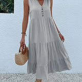 JIM & NORA Summer Women Sleeveless Tank V Neck Buttons Ruffle Loose Beach Solid Sun Fashion Midi Dress