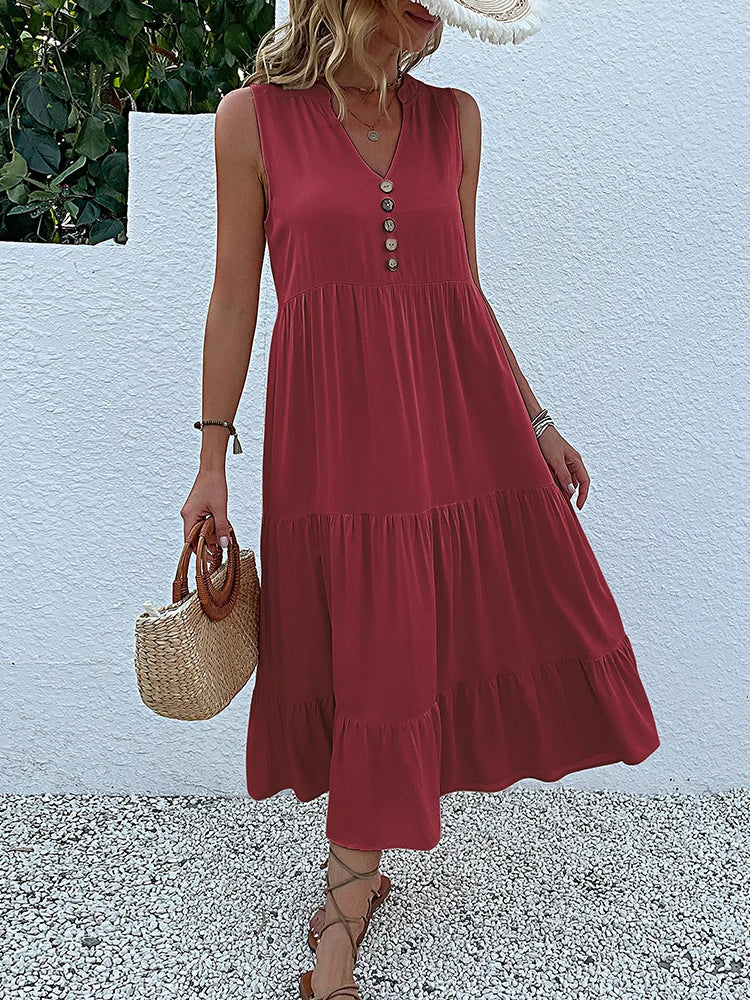 JIM & NORA Summer Women Sleeveless Tank V Neck Buttons Ruffle Loose Beach Solid Sun Fashion Midi Dress