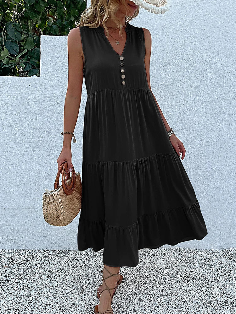 JIM & NORA Summer Women Sleeveless Tank V Neck Buttons Ruffle Loose Beach Solid Sun Fashion Midi Dress