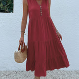 JIM & NORA Summer Women Sleeveless Tank V Neck Buttons Ruffle Loose Beach Solid Sun Fashion Midi Dress