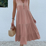 JIM & NORA Summer Women Sleeveless Tank V Neck Buttons Ruffle Loose Beach Solid Sun Fashion Midi Dress