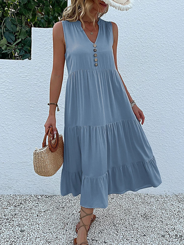 JIM & NORA Summer Women Sleeveless Tank V Neck Buttons Ruffle Loose Beach Solid Sun Fashion Midi Dress
