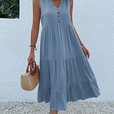 JIM & NORA Summer Women Sleeveless Tank V Neck Buttons Ruffle Loose Beach Solid Sun Fashion Midi Dress