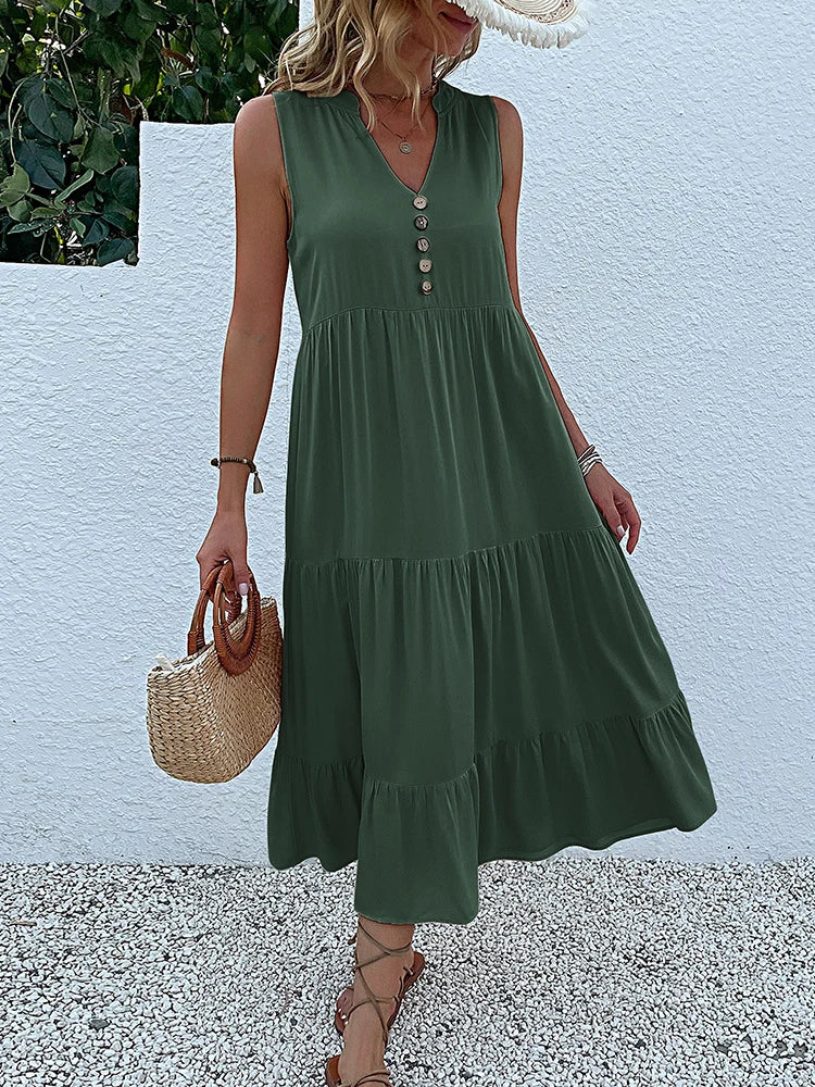 JIM & NORA Summer Women Sleeveless Tank V Neck Buttons Ruffle Loose Beach Solid Sun Fashion Midi Dress