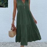JIM & NORA Summer Women Sleeveless Tank V Neck Buttons Ruffle Loose Beach Solid Sun Fashion Midi Dress