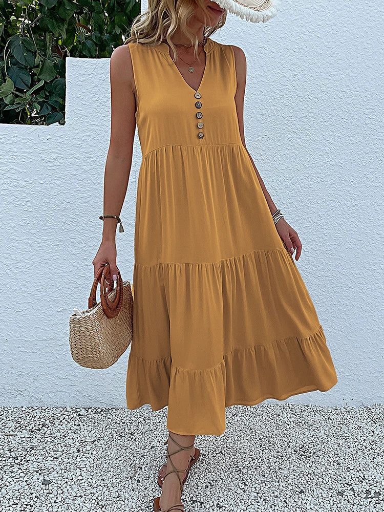 JIM & NORA Summer Women Sleeveless Tank V Neck Buttons Ruffle Loose Beach Solid Sun Fashion Midi Dress
