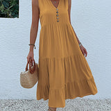 JIM & NORA Summer Women Sleeveless Tank V Neck Buttons Ruffle Loose Beach Solid Sun Fashion Midi Dress