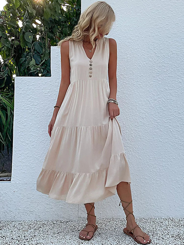 JIM & NORA Summer Women Sleeveless Tank V Neck Buttons Ruffle Loose Beach Solid Sun Fashion Midi Dress