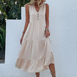 JIM & NORA Summer Women Sleeveless Tank V Neck Buttons Ruffle Loose Beach Solid Sun Fashion Midi Dress