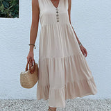 JIM & NORA Summer Women Sleeveless Tank V Neck Buttons Ruffle Loose Beach Solid Sun Fashion Midi Dress
