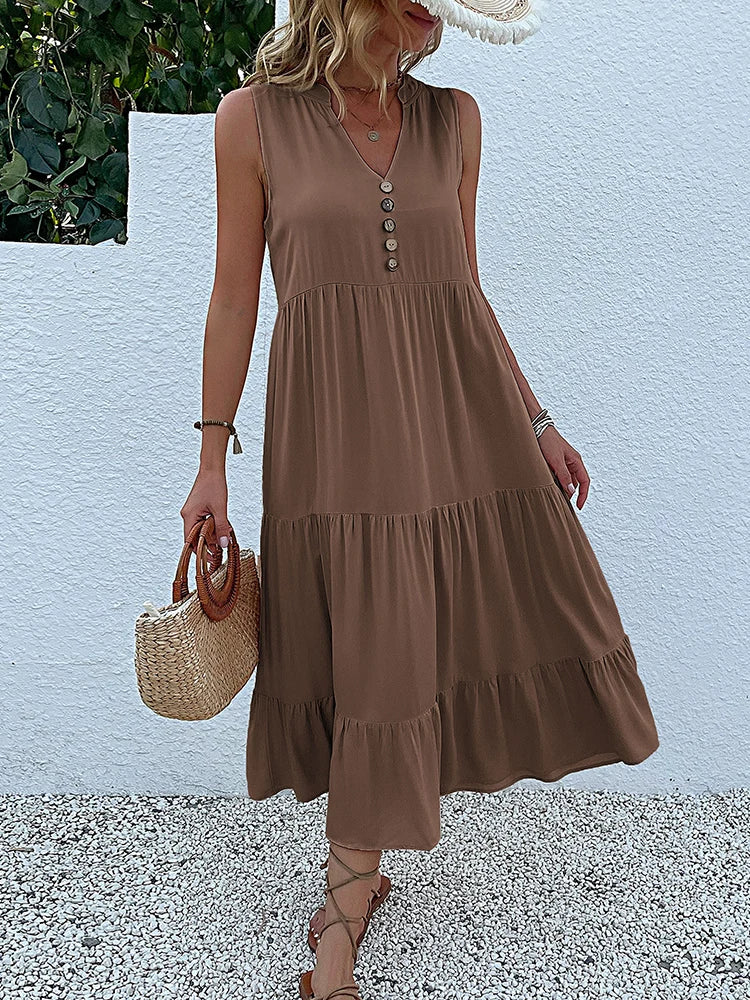 JIM & NORA Summer Women Sleeveless Tank V Neck Buttons Ruffle Loose Beach Solid Sun Fashion Midi Dress