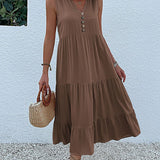 JIM & NORA Summer Women Sleeveless Tank V Neck Buttons Ruffle Loose Beach Solid Sun Fashion Midi Dress