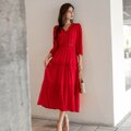 Women Cotton Patchwork Lace Dresses V-Neck Lantern Sleeve Maxi Dress