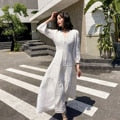 Women Cotton Patchwork Lace Dresses V-Neck Lantern Sleeve Maxi Dress