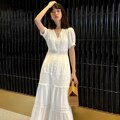 Women Cotton Patchwork Lace Dresses V-Neck Lantern Sleeve Maxi Dress