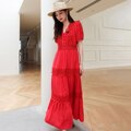 Women Cotton Patchwork Lace Dresses V-Neck Lantern Sleeve Maxi Dress
