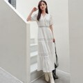 Women Cotton Patchwork Lace Dresses V-Neck Lantern Sleeve Maxi Dress