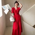 Women Cotton Patchwork Lace Dresses V-Neck Lantern Sleeve Maxi Dress