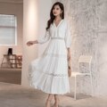 Women Cotton Patchwork Lace Dresses V-Neck Lantern Sleeve Maxi Dress