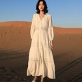 Women Cotton Patchwork Lace Dresses V-Neck Lantern Sleeve Maxi Dress