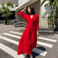 Women Cotton Patchwork Lace Dresses V-Neck Lantern Sleeve Maxi Dress
